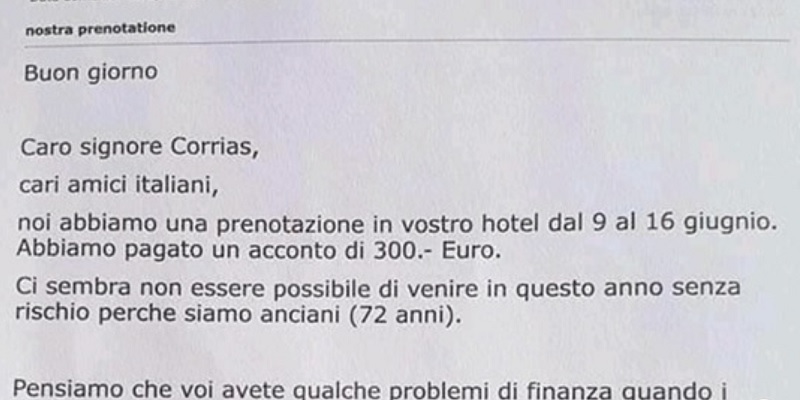 Turisti tedeschi annullano vacanza in Italia e lasciano in dono la caparra: “Scusateci se…”